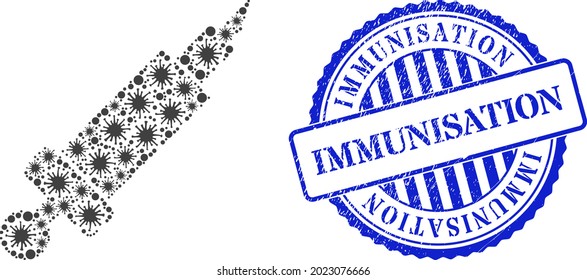 Infection mosaic syringe icon, and grunge IMMUNISATION seal stamp. Syringe mosaic for medical images, and textured round blue stamp seal. Vector mosaic is made with random cell parts.