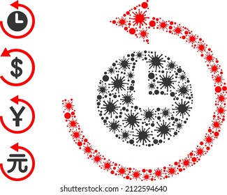 Infection mosaic time return rotation icon, and additional icons. Time return rotation mosaic for breakout images. Vector mosaic is created with random contagious icons.