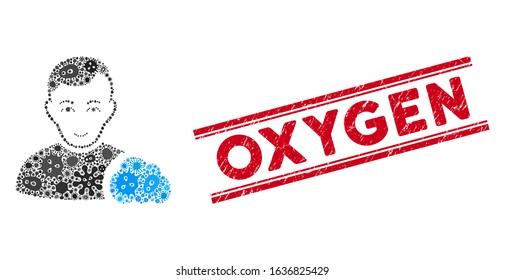 Infection mosaic user cloud icon and red Oxygen stamp between double parallel lines. Mosaic vector is composed with user cloud icon and with random pandemic objects. Oxygen stamp uses red color,