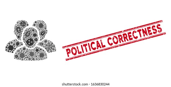 Infection mosaic user group icon and red Political Correctness seal stamp between double parallel lines. Mosaic vector is formed from user group icon and with scattered flu icons.
