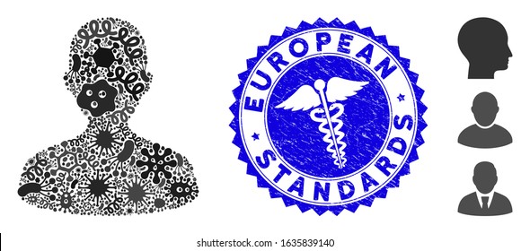 Infection mosaic user icon and rounded rubber stamp watermark with European Standards caption and caduceus symbol. Mosaic vector is formed with user pictogram and with random virus elements.