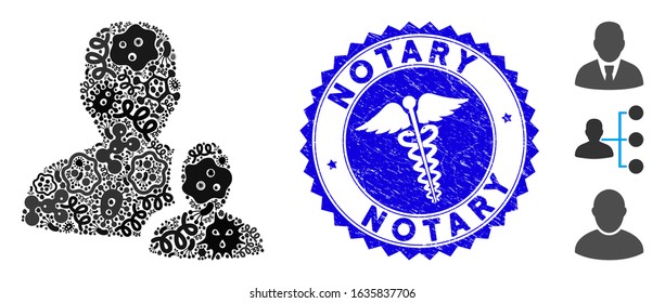 Infection mosaic user manager icon and round rubber stamp seal with Notary caption and doctor icon. Mosaic vector is composed with user manager icon and with random epidemic objects.
