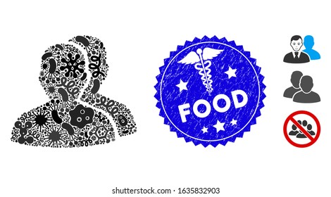 Infection mosaic users icon and round grunge stamp watermark with Food text and caduceus icon. Mosaic vector is designed with users icon and with scattered pathogen items. Food stamp uses red color,