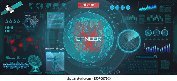 Infection of people on the planet, HUD futuristic interface. Earth Globe hologram with sci-fi interface. The Threat of Infection of The World (Apocalipsis, Epidemic, Quarantine Zones, Coronavirus)