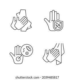 Infection prevention linear icons set. Wiping off dirt, germs. Dry hands with towel. Microbes protection. Customizable thin line contour symbols. Isolated vector outline illustrations. Editable stroke