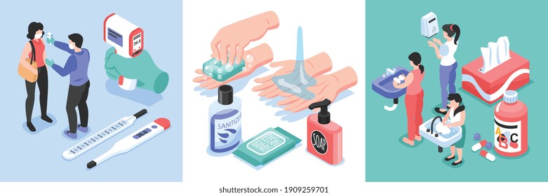 Infection prevention square set with healthcare and medicine symbols isometric isolated vector illustration