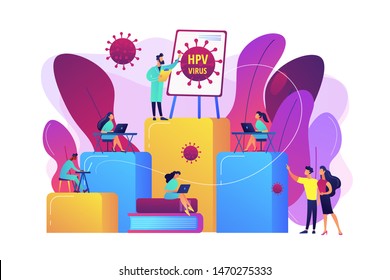 Infection prevention and treatment learning. HPV education programs, human papillomavirus education course, HPV online consultation concept. Bright vibrant violet vector isolated illustration