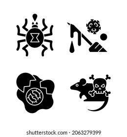 Infección difunde iconos de glifos negros de origen establecidos en el espacio blanco. Amenaza peligrosa para la vida humana. Los microorganismos corren el riesgo. Toxina de insecto. Enfermedades peligrosas. Símbolos de silueta. Ilustración aislada del vector