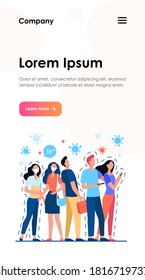 La infección se esparce entre la multitud. Personas con y sin máscaras unidas, tosiendo, sufriendo de fiebre. Ilustración vectorial para coronavirus, cuarentena, peligro, alerta, concepto de brote