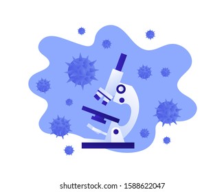Infection study concept. Vector flat illustration. Microscope and virus sign on blue liquid shape isolated on white. Design element for medicine banner, poster, background, web, infographic.