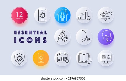 Infection Test Set Icon. Laboratory Research, Take Analysis, Virus, Incubation Period, Flask, Medical, Coronavirus, Money, Prescription. Health Care Concept. Neomorphism. Vector Line Icon For Business