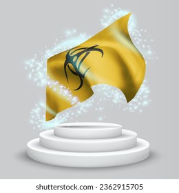 Infektion, 3D-Flagge auf dem Podium, umgeben von einem Wirbelwind magischer Strahlung
