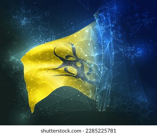 Infektion, Vektorflagge, virtuelles abstraktes 3D-Objekt aus dreieckigen Polygonen auf blauem Hintergrund
