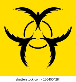 Signo vectorial de infección en forma de tres golondrinas con alas de propagación en un fondo amarillo. Un símbolo de esperanza para una vida favorable. Se puede utilizar como logotipo, imprimir.
