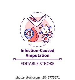 Icono de concepto de amputación causada por infección. La amputación causa la ilustración de la delgada línea de la idea. Enfermedad de los vasos sanguíneos. Nariz afectada. Infección ósea. Dibujo de color RGB con contorno aislado del vector. Trazo editable