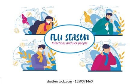 Infections and Flu Season Set with Sick People Bundle. Man and Woman Characters Wearing Scarf Feeling Unwell, Having Headache, Runny Nose, Sore Throat and Coughing. Vector Flat Cartoon Illustration