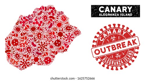 Infectious collage Alegranza Island map and red grunge stamp seal with OUTBREAK caption. Alegranza Island map collage constructed with randomized pathogen icons.