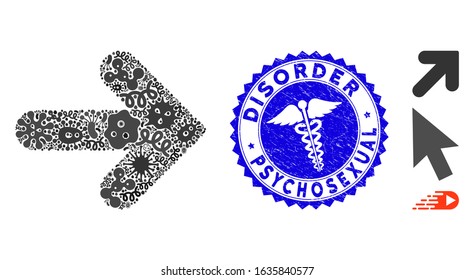 Infectious collage arrow direction icon and rounded distressed stamp seal with Disorder Psychosexual caption and medic sign.