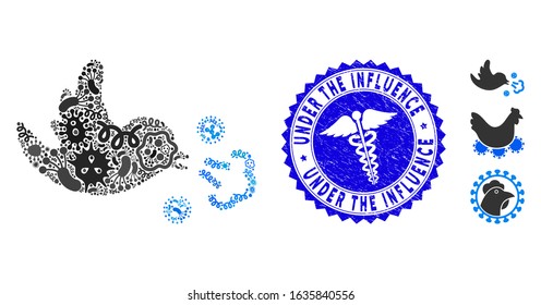 Infectious collage bird infection icon and rounded distressed stamp seal with Under the Influence phrase and caduceus symbol.