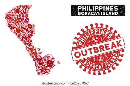Infectious collage Boracay Island map and red grunge stamp seal with OUTBREAK message. Boracay Island map collage formed with randomized pathogen symbols.