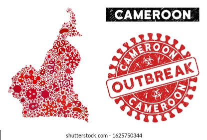 Infectious collage Cameroon map and red rubber stamp watermark with OUTBREAK phrase. Cameroon map collage composed with randomized epidemic elements. Red rounded OUTBREAK stamp with grunge texture.