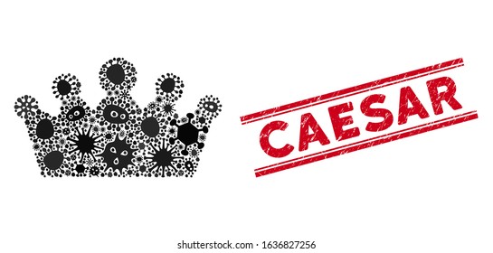 Infectious collage crown icon and red Caesar seal stamp between double parallel lines. Mosaic vector is designed with crown icon and with random viral elements. Caesar stamp seal uses red color,