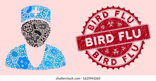 Infectious collage doctor icon and round grunge stamp seal with Bird Flu phrase. Mosaic vector is created with doctor icon and with randomized infectious elements. Bird Flu seal uses red color,