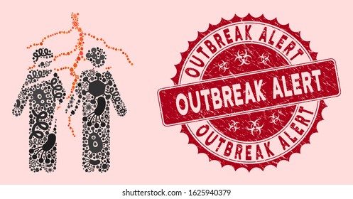 Infectious collage firend conflict icon and rounded corroded stamp seal with Outbreak Alert phrase. Mosaic vector is designed with firend conflict icon and with scattered contagion items.