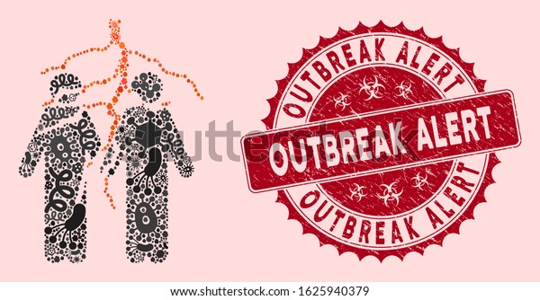 Infectious collage firend conflict icon and\
rounded corroded stamp seal with Outbreak Alert phrase. Mosaic\
vector is designed with firend conflict icon and with scattered\
contagion items.