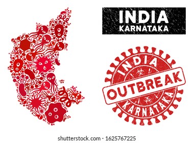 Infectious collage Karnataka State map and red grunge stamp watermark with OUTBREAK caption. Karnataka State map collage formed with randomized infectious elements.