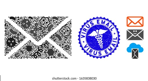 Infectious collage mail envelope icon and round rubber stamp seal with Virus Email caption and serpents icon. Mosaic vector is created with mail envelope icon and with scattered contagion symbols.