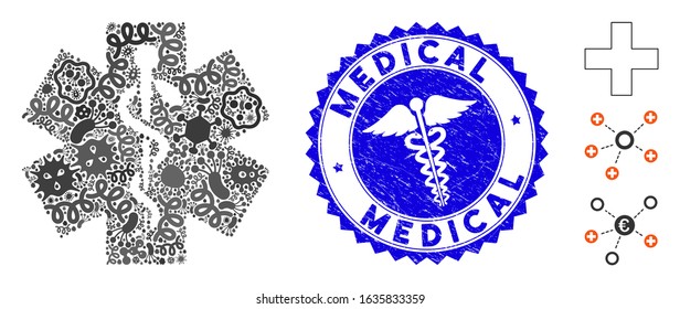 Infectious collage medical icon and rounded rubber stamp seal with Medical phrase and caduceus icon. Mosaic vector is designed with medical pictogram and with randomized microorganism items.