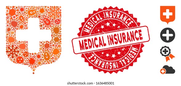 Infectious collage medical shield icon and rounded grunge stamp watermark with Medical Insurance caption. Mosaic vector is designed with medical shield icon and with random infection symbols.