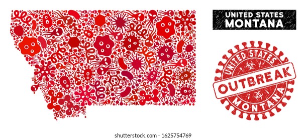 Infectious collage Montana State map and red grunge stamp seal with OUTBREAK message. Montana State map collage constructed with randomized microorganism elements.