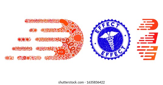 Infectious collage rush effect icon and rounded rubber stamp seal with Effect text and healthcare icon. Mosaic vector is formed with rush effect icon and with random virus elements.
