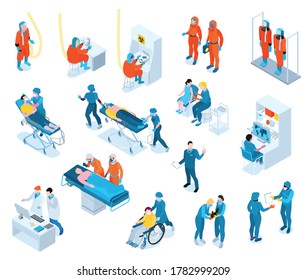 Infectious disease isometric set with scientist and doctor symbols isolated vector illustration