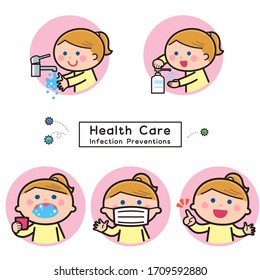 Infectious disease prevention / hand washing and disinfection and gargling and mask / girl