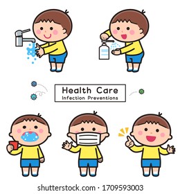 Infectious disease prevention / hand washing and disinfection and gargling and mask / boy