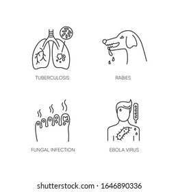 Infectious diseases pixel perfect linear icons set. Tuberculosis, rabies, fungal infection and ebola customizable thin line contour symbols. Isolated vector outline illustrations. Editable stroke