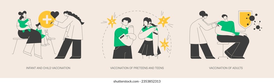 Infectious diseases prevention abstract concept vector illustration set. Infant and child vaccination, preteens, teens and adults immunization schedule, flu shot, healthcare abstract metaphor.