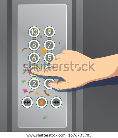 Infectious diseases spread hygiene concept as Press the elevator button with germ virus and bacteria spreading with illness in public. illustration EPS 10