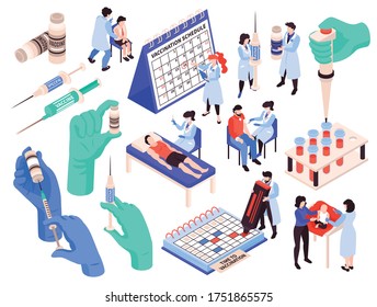 Infectious diseases virussen vaccination strategy isometric set with schedule planning gloved hands syringe filling injection vector illustration 