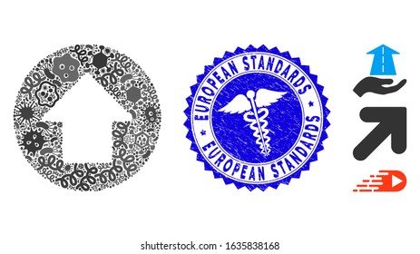 Infectious mosaic up arrow icon and round grunge stamp watermark with European Standards text and healthcare symbol. Mosaic vector is composed with up arrow icon and with random infectious elements.