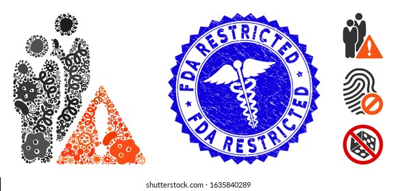 Infectious mosaic black list icon and round rubber stamp seal with FDA Restricted caption and medic symbol. Mosaic vector is formed from black list icon and with random microbe cell icons. svg