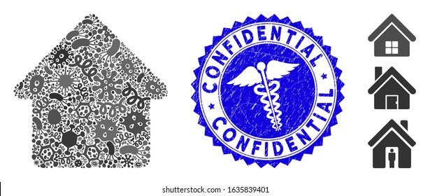 Infectious mosaic cabin icon and rounded grunge stamp seal with Confidential text and healthcare sign. Mosaic vector is formed with cabin icon and with randomized viral objects.