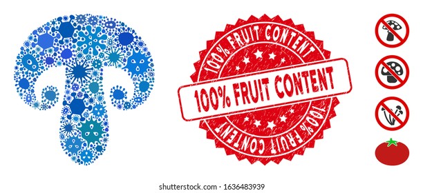 Infectious mosaic champignon mushroom icon and round distressed stamp seal with 100% Fruit Content phrase. Mosaic vector is formed with champignon mushroom icon and with scattered pandemic items.