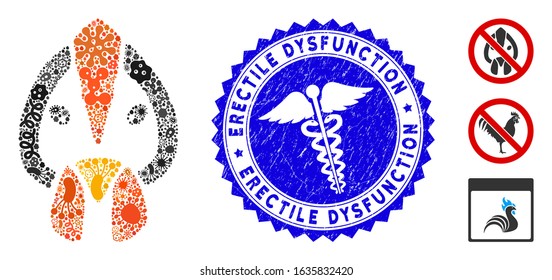 Infectious mosaic chicken face icon and rounded corroded stamp seal with Erectile Dysfunction caption and clinic icon.