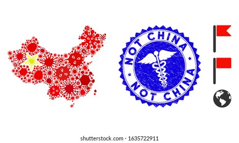 Infectious mosaic China map icon and round corroded stamp seal with Not China phrase and medic symbol. Mosaic vector is composed with China map icon and with randomized bacterium items.