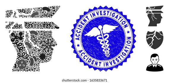 Infectious mosaic corrupted police officer icon and round grunge stamp watermark with Accident Investigation phrase and serpents icon.