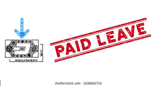 Infectious mosaic Dash banknotes income icon and red Paid Leave seal stamp between double parallel lines. Mosaic vector is composed from Dash banknotes income icon and with random flu elements.